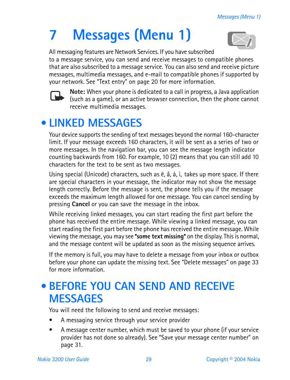 7 messages (menu 1), Linked messages, Before you can send and receive messages | Messages (menu 1), 7messages (menu 1) | Nokia 3200 User Manual | Page 40 / 153