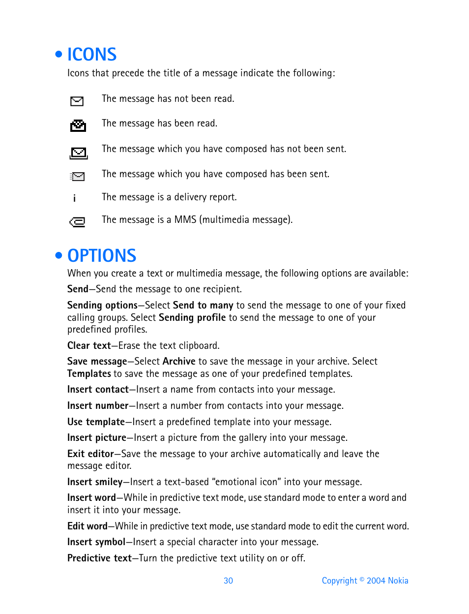 Icons, Options, Icons options | Nokia 3200 User Manual | Page 41 / 153