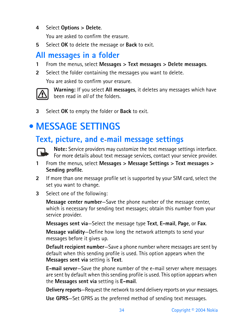 All messages in a folder, Message settings, Text, picture, and e-mail message settings | Text, picture, and e, Mail message settings | Nokia 3200 User Manual | Page 45 / 153