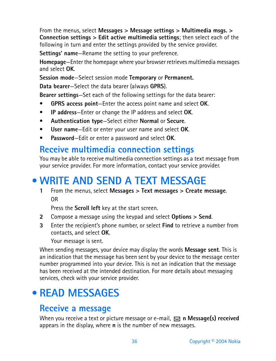 Receive multimedia connection settings, Write and send a text message, Read messages | Receive a message | Nokia 3200 User Manual | Page 47 / 153