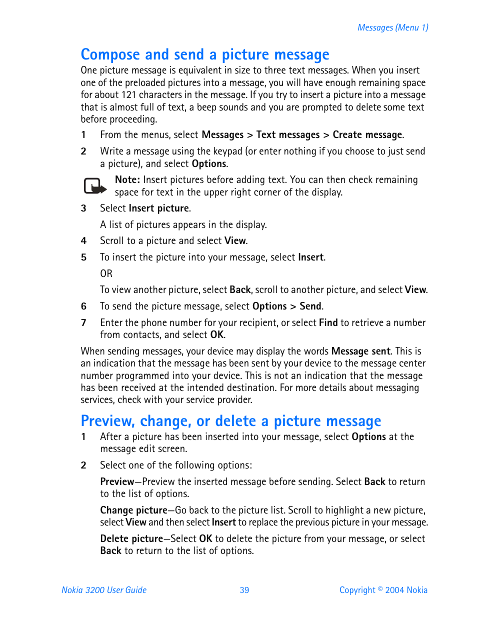 Compose and send a picture message, Preview, change, or delete a picture message | Nokia 3200 User Manual | Page 50 / 153