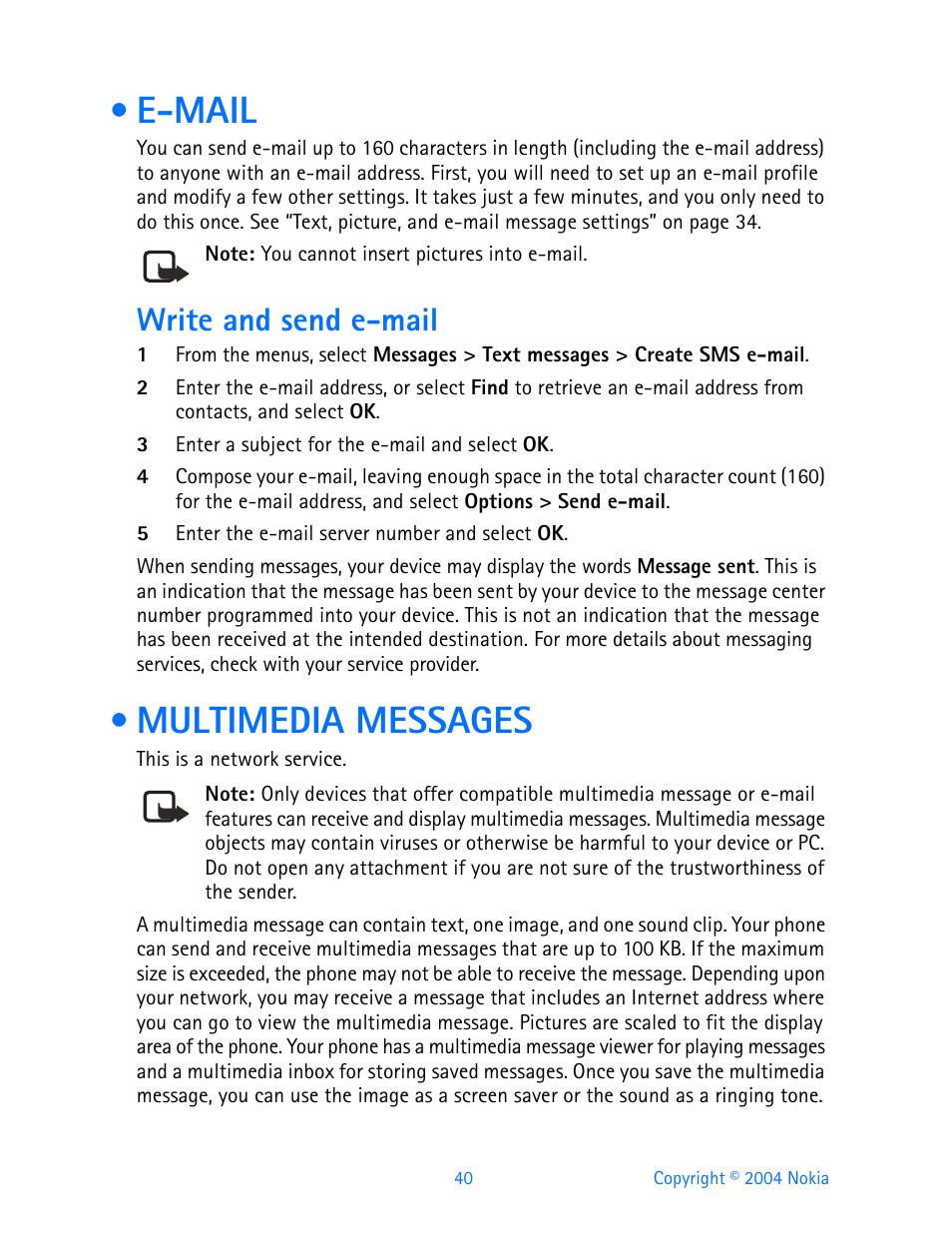 E-mail, Write and send e-mail, Multimedia messages | E-mail multimedia messages | Nokia 3200 User Manual | Page 51 / 153