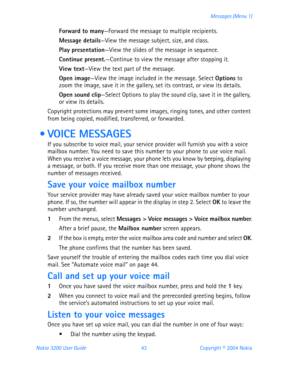 Voice messages, Save your voice mailbox number, Call and set up your voice mail | Listen to your voice messages | Nokia 3200 User Manual | Page 54 / 153