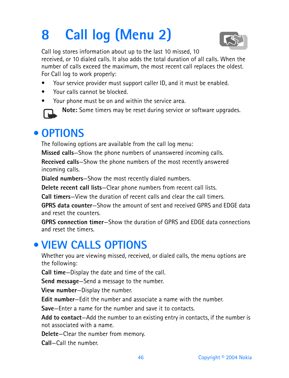 8 call log (menu 2), Options, View calls options | Call log (menu 2), Options view calls options, 8call log (menu 2) | Nokia 3200 User Manual | Page 57 / 153