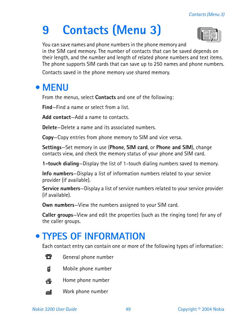 9 contacts (menu 3), Menu, Types of information | Contacts (menu 3), Menu types of information, 9contacts (menu 3) | Nokia 3200 User Manual | Page 60 / 153