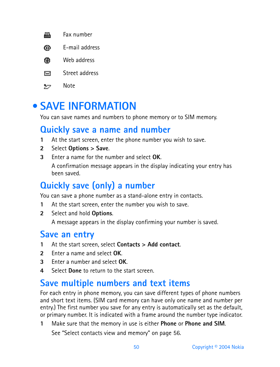 Save information, Quickly save a name and number, Quickly save (only) a number | Save an entry, Save multiple numbers and text items | Nokia 3200 User Manual | Page 61 / 153