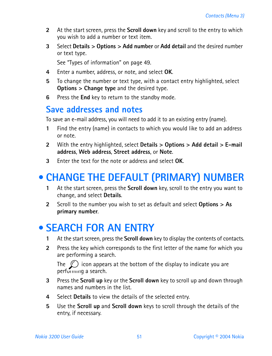 Save addresses and notes, Change the default (primary) number, Search for an entry | Nokia 3200 User Manual | Page 62 / 153