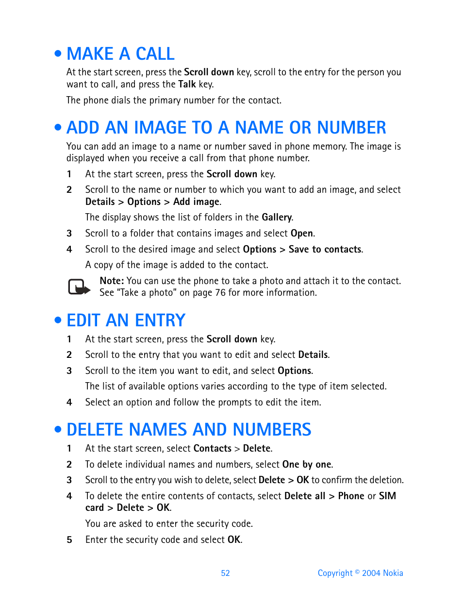 Make a call, Add an image to a name or number, Edit an entry | Delete names and numbers | Nokia 3200 User Manual | Page 63 / 153