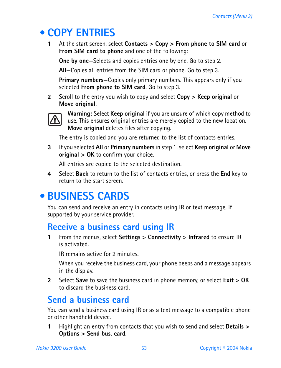 Copy entries, Business cards, Receive a business card using ir | Send a business card, Copy entries business cards | Nokia 3200 User Manual | Page 64 / 153