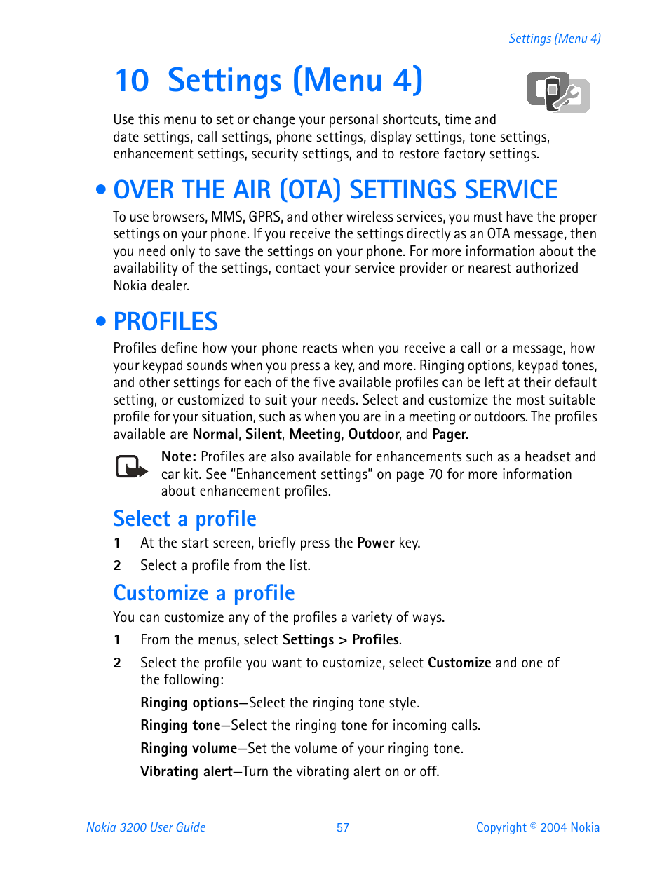 10 settings (menu 4), Over the air (ota) settings service, Profiles | Select a profile, Customize a profile, Over the air (ota) settings service profiles | Nokia 3200 User Manual | Page 68 / 153