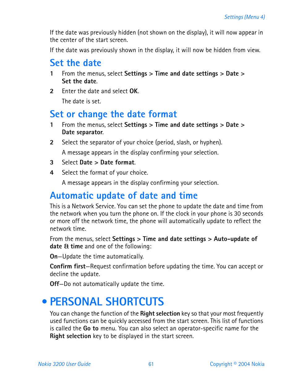 Set the date, Set or change the date format, Automatic update of date and time | Personal shortcuts | Nokia 3200 User Manual | Page 72 / 153