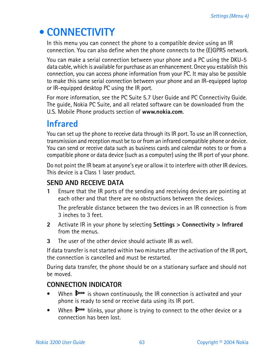 Connectivity, Infrared, Send and receive data | Connection indicator | Nokia 3200 User Manual | Page 74 / 153
