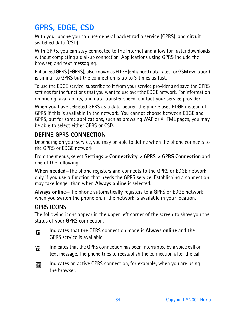 Gprs, edge, csd, Define gprs connection, Gprs icons | Nokia 3200 User Manual | Page 75 / 153