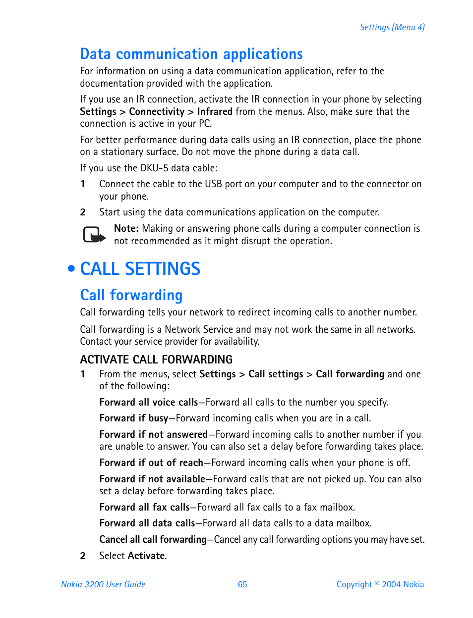 Data communication applications, Call settings, Call forwarding | Activate call forwarding | Nokia 3200 User Manual | Page 76 / 153