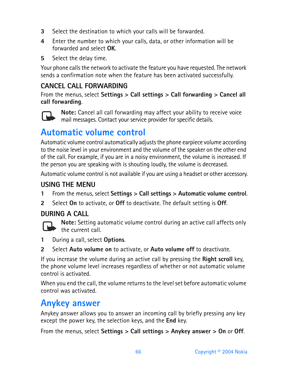 Cancel call forwarding, Automatic volume control, Using the menu | During a call, Anykey answer | Nokia 3200 User Manual | Page 77 / 153