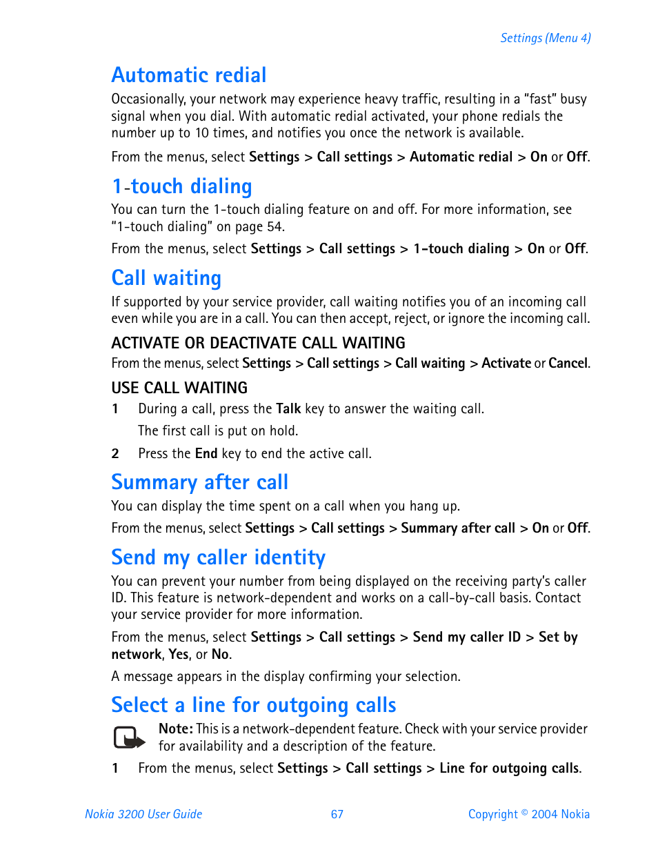 Automatic redial, Touch dialing, Call waiting | Activate or deactivate call waiting, Use call waiting, Summary after call, Send my caller identity, Select a line for outgoing calls | Nokia 3200 User Manual | Page 78 / 153