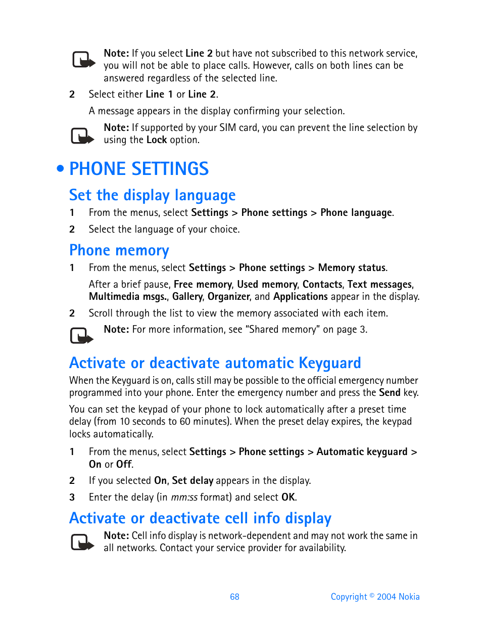 Phone settings, Set the display language, Phone memory | Activate or deactivate automatic keyguard, Activate or deactivate cell info display | Nokia 3200 User Manual | Page 79 / 153