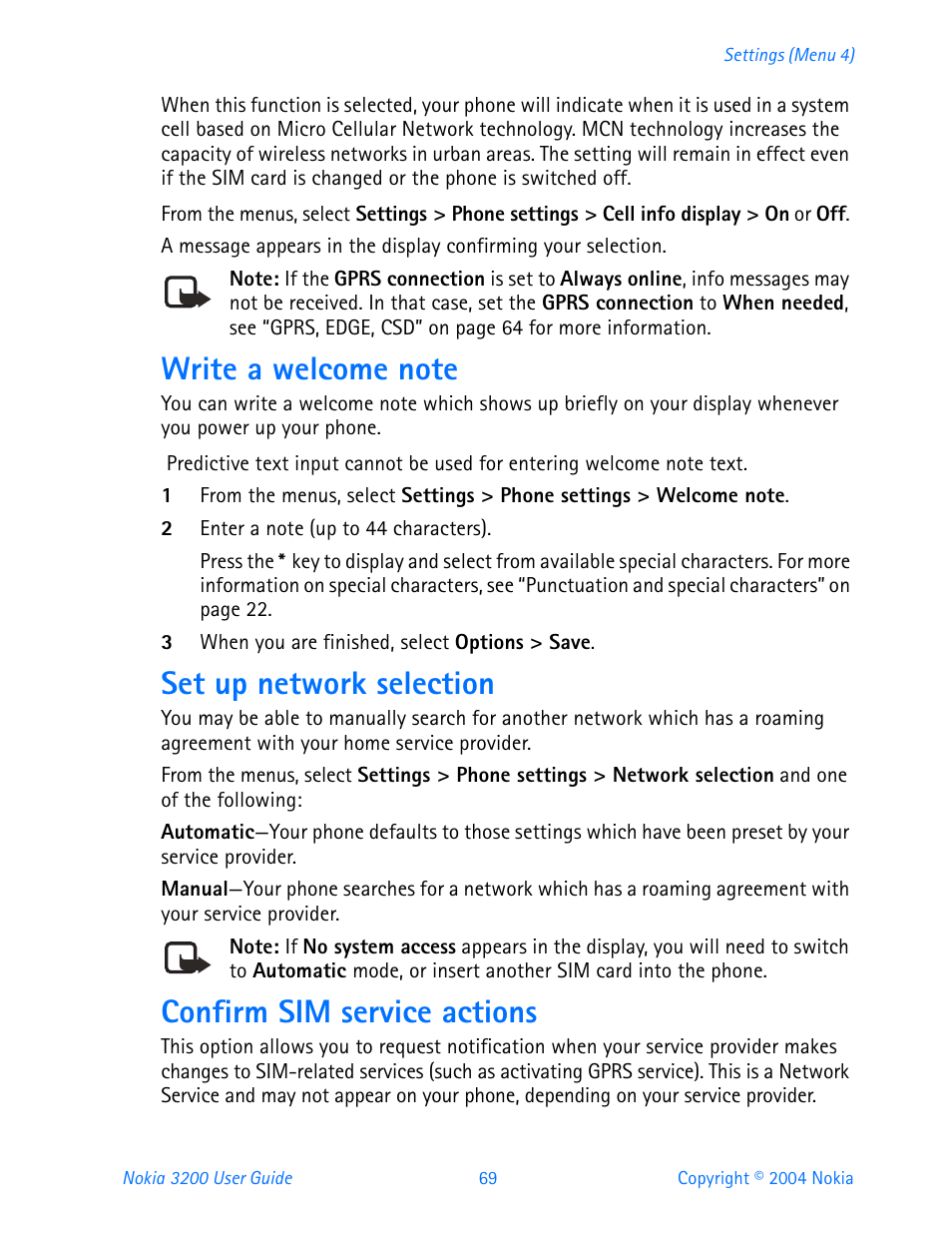 Write a welcome note, Set up network selection, Confirm sim service actions | Nokia 3200 User Manual | Page 80 / 153