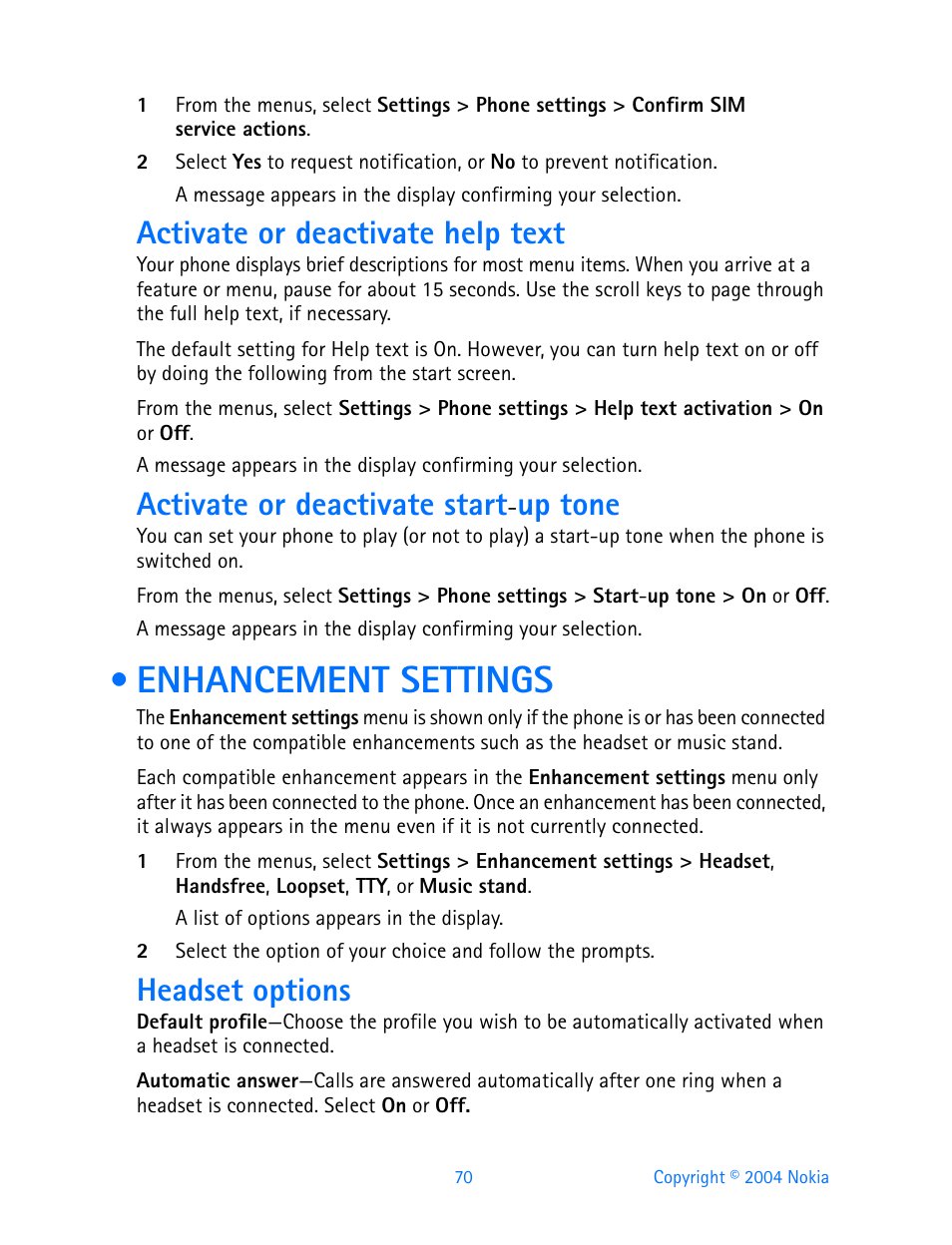 Activate or deactivate help text, Activate or deactivate start-up tone, Enhancement settings | Headset options, Activate or deactivate start, Up tone | Nokia 3200 User Manual | Page 81 / 153