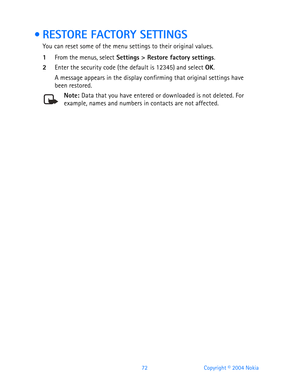 Restore factory settings | Nokia 3200 User Manual | Page 83 / 153
