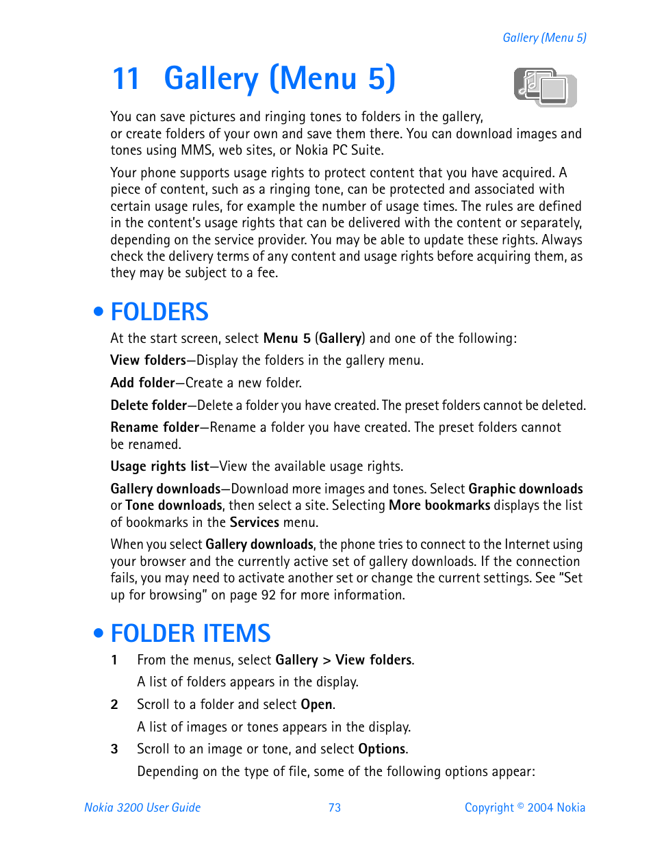 11 gallery (menu 5), Folders, Folder items | Folders folder items | Nokia 3200 User Manual | Page 84 / 153
