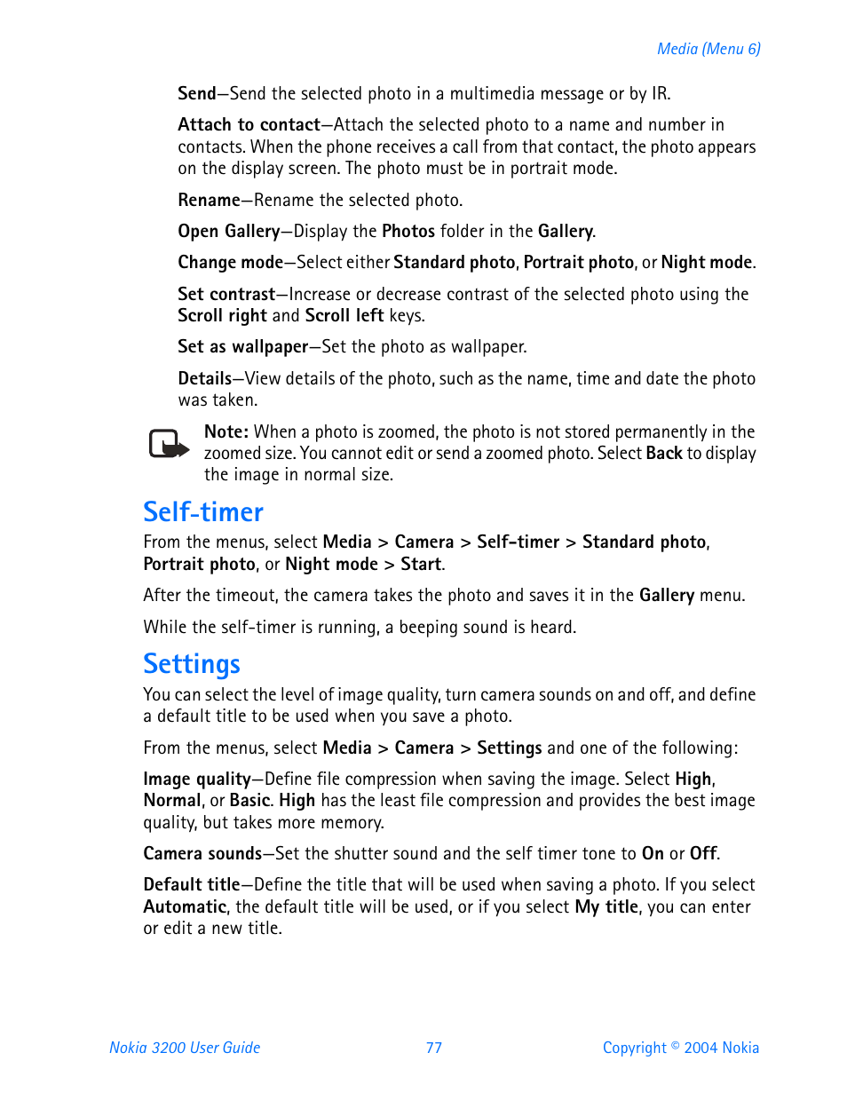 Self-timer, Settings, Self | Timer | Nokia 3200 User Manual | Page 88 / 153