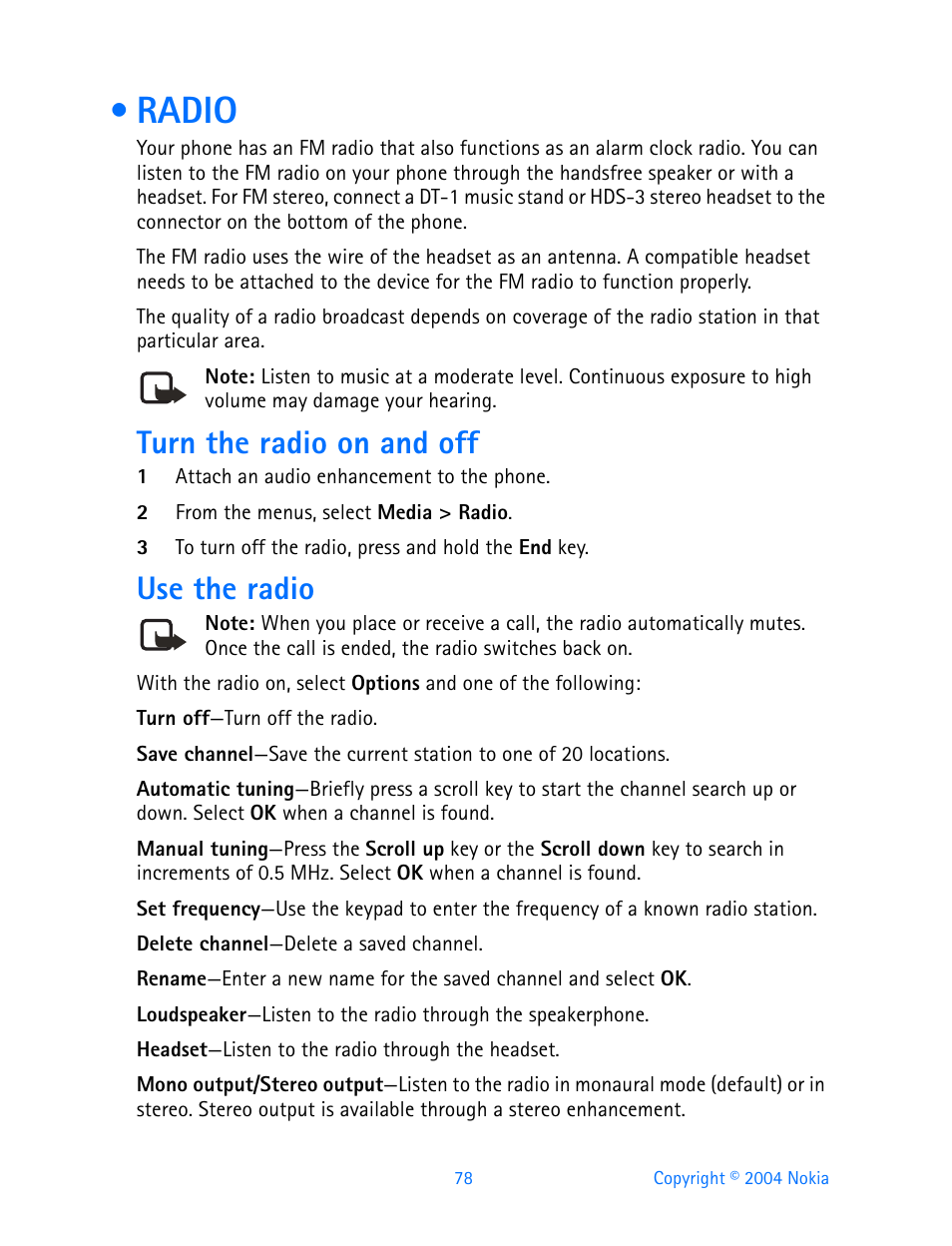 Radio, Turn the radio on and off, Use the radio | Nokia 3200 User Manual | Page 89 / 153