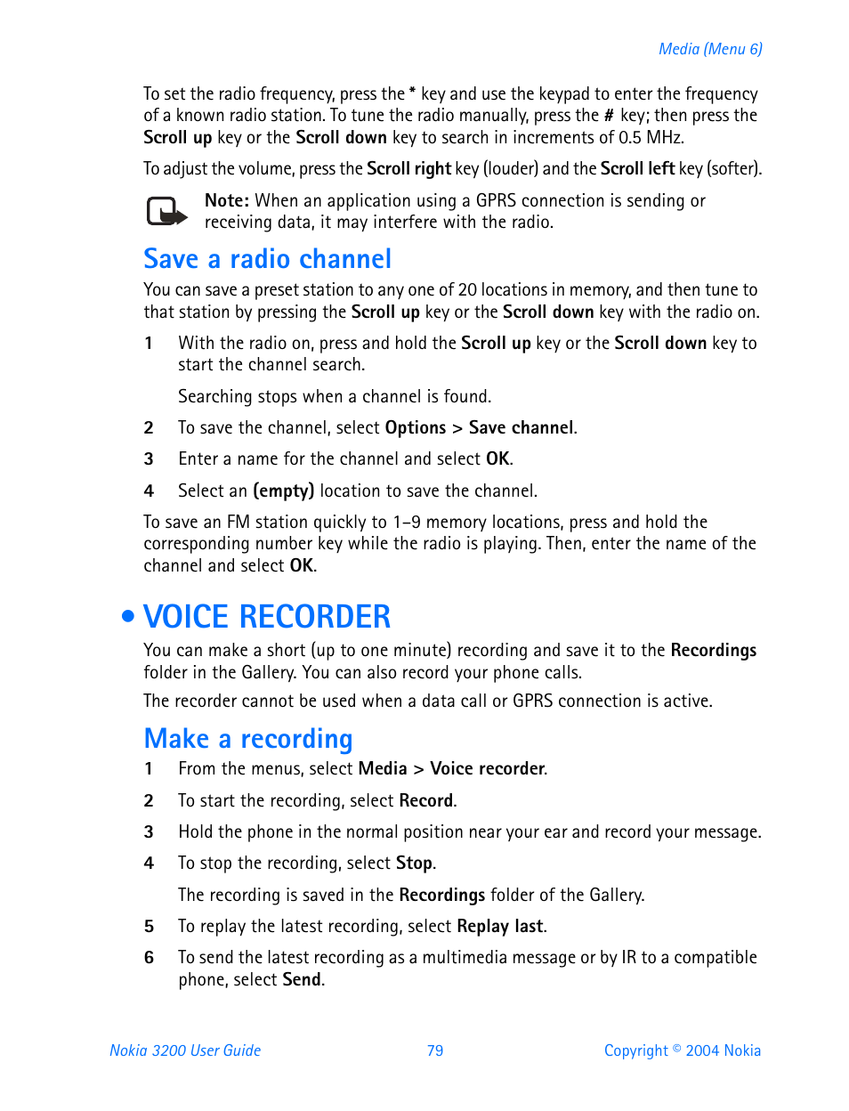 Save a radio channel, Voice recorder, Make a recording | Nokia 3200 User Manual | Page 90 / 153