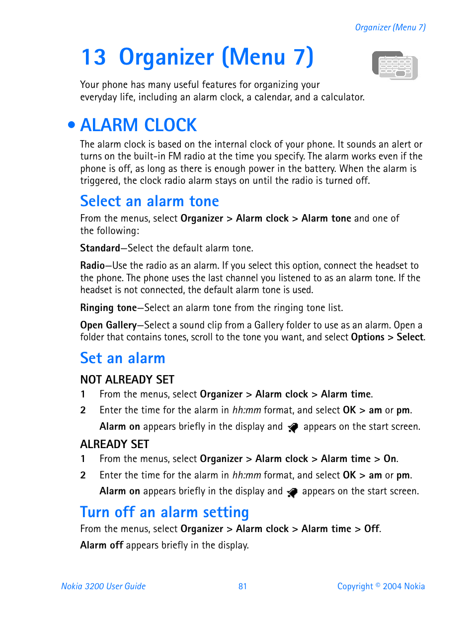 13 organizer (menu 7), Alarm clock, Select an alarm tone | Set an alarm, Not already set, Already set, Turn off an alarm setting | Nokia 3200 User Manual | Page 92 / 153