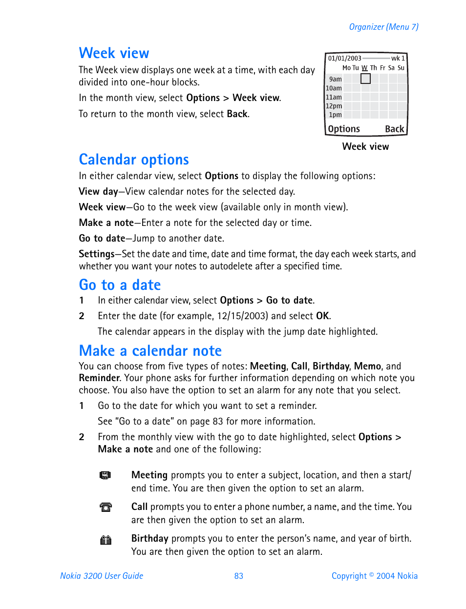 Week view, Calendar options, Go to a date | Make a calendar note | Nokia 3200 User Manual | Page 94 / 153