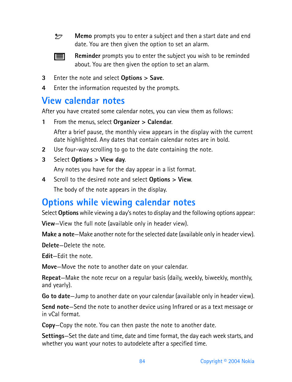 View calendar notes, Options while viewing calendar notes | Nokia 3200 User Manual | Page 95 / 153