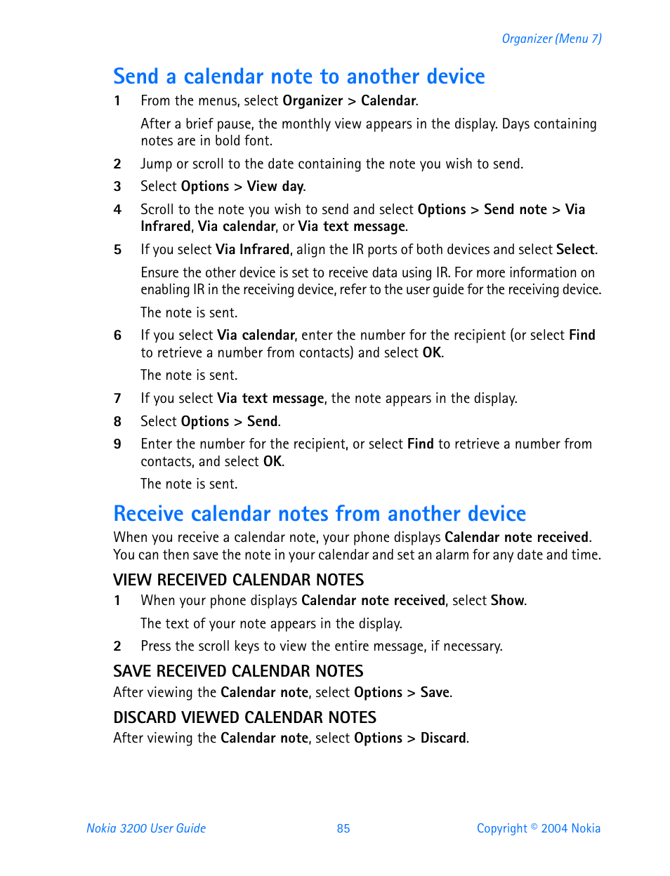 Send a calendar note to another device, Receive calendar notes from another device, View received calendar notes | Save received calendar notes, Discard viewed calendar notes | Nokia 3200 User Manual | Page 96 / 153
