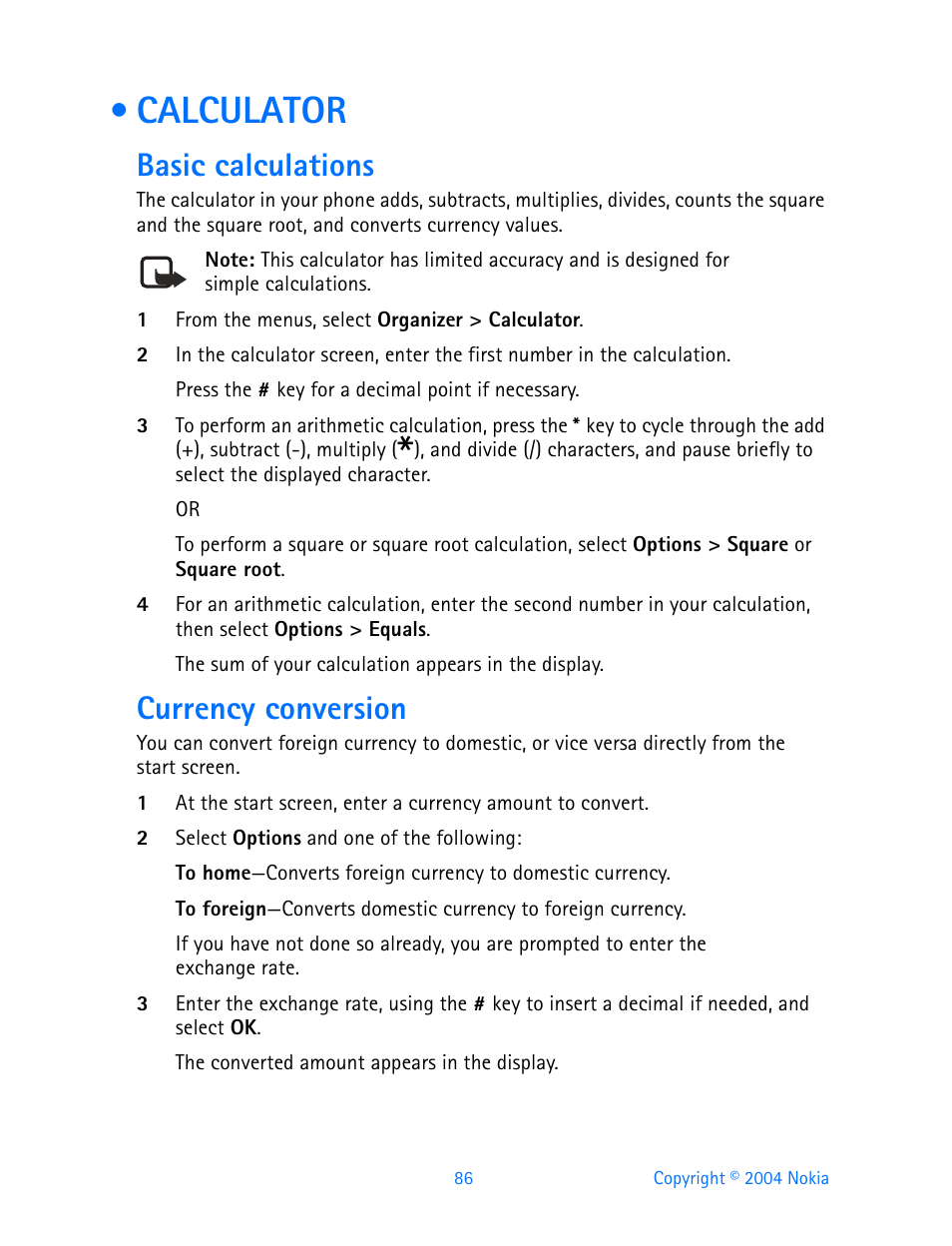 Calculator, Basic calculations, Currency conversion | Nokia 3200 User Manual | Page 97 / 153