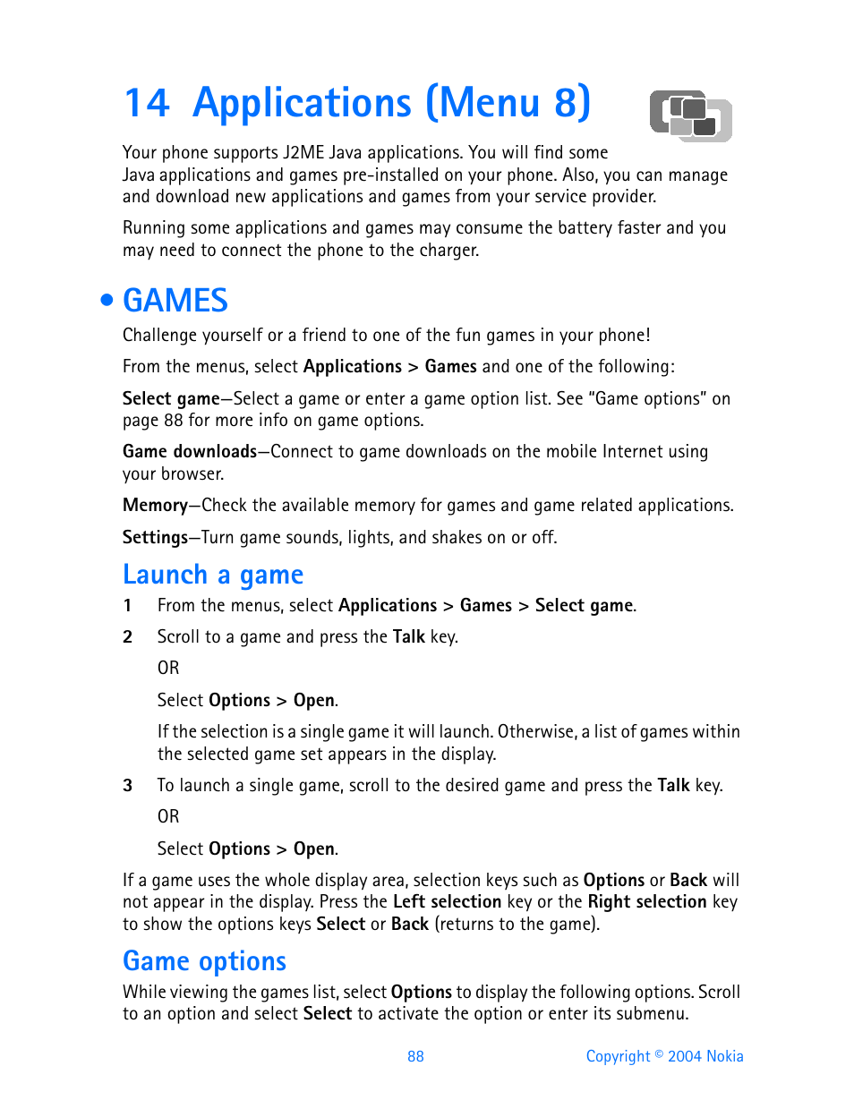 14 applications (menu 8), Games, Launch a game | Game options | Nokia 3200 User Manual | Page 99 / 153