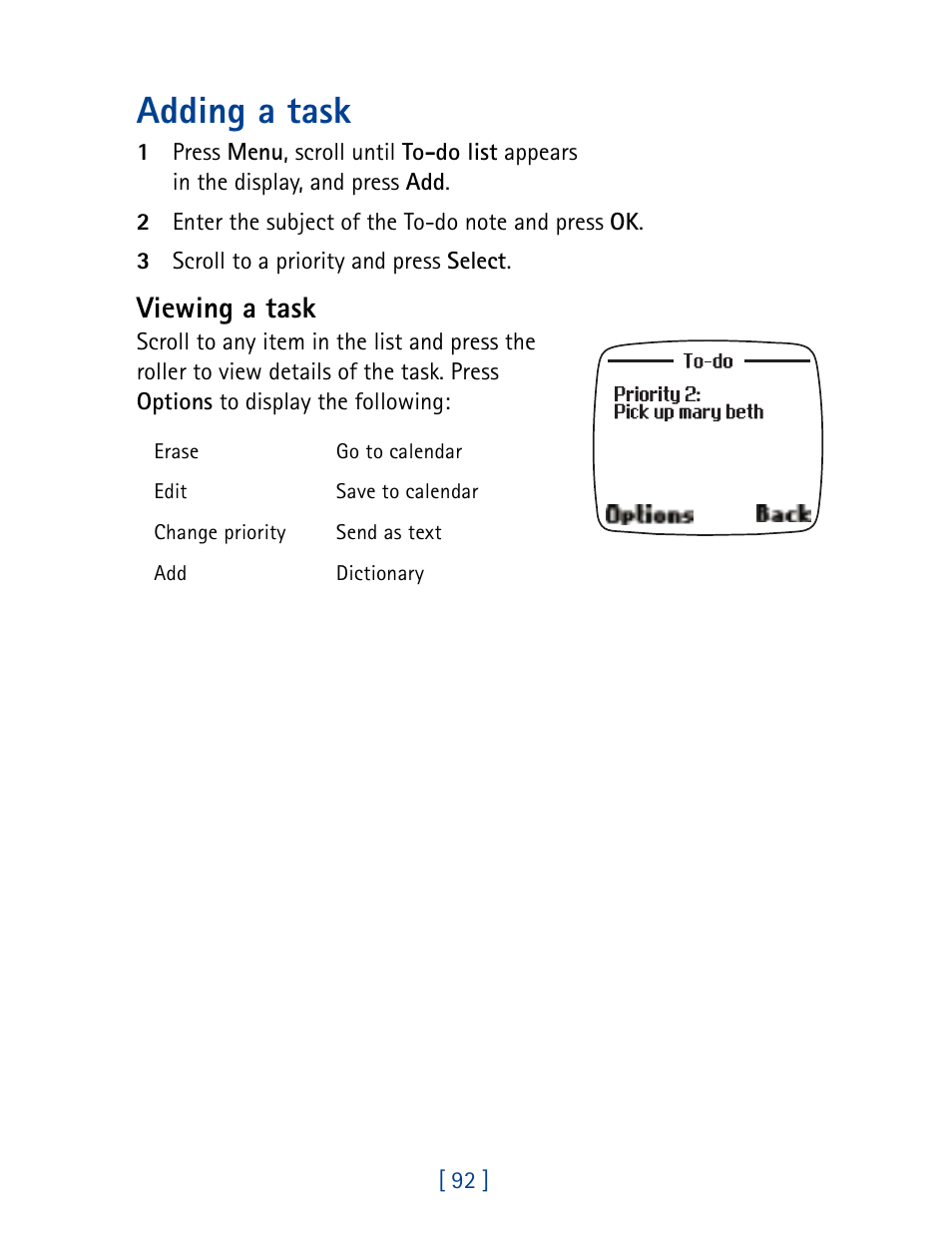 Adding a task, Viewing a task | Nokia 7190 User Manual | Page 100 / 144