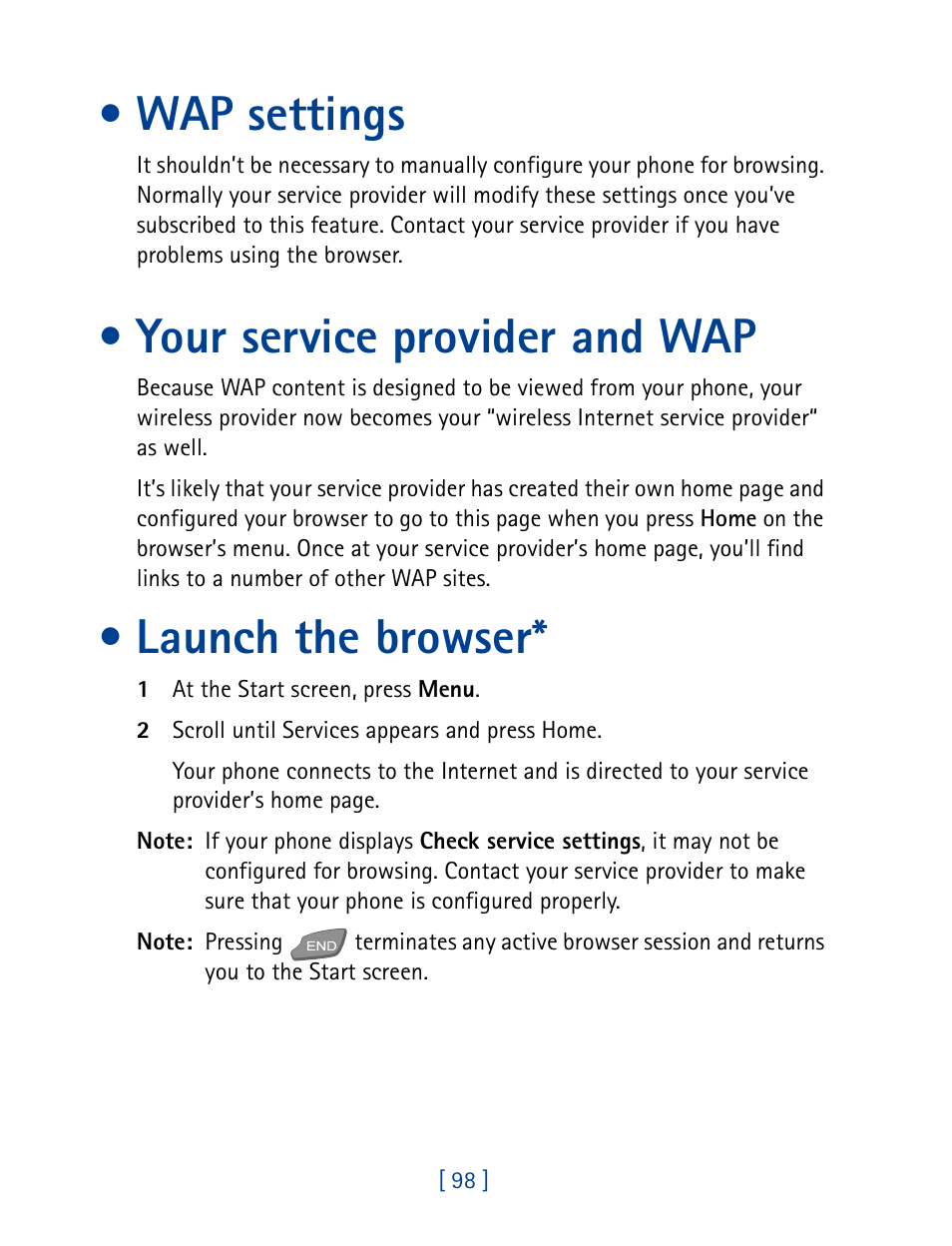 Wap settings, Your service provider and wap, Launch the browser | Nokia 7190 User Manual | Page 106 / 144