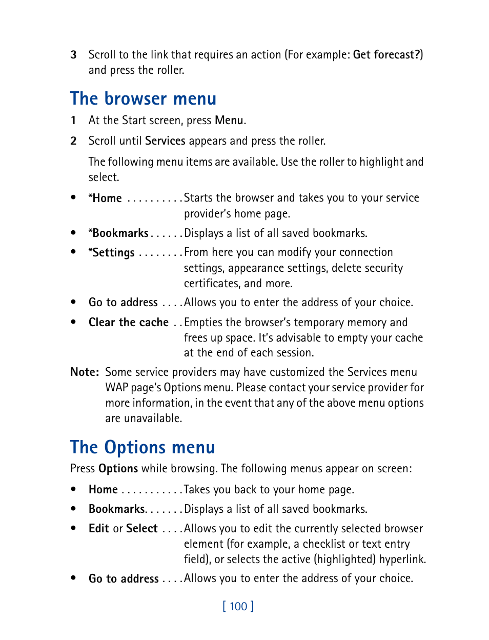 The browser menu, The options menu | Nokia 7190 User Manual | Page 108 / 144