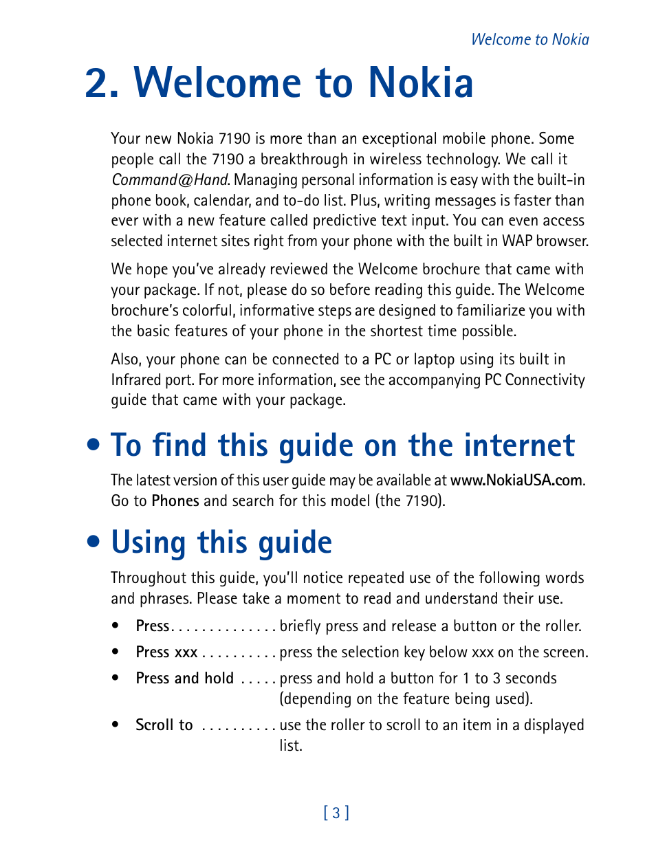 Welcome to nokia, To find this guide on the internet, Using this guide | Nokia 7190 User Manual | Page 11 / 144