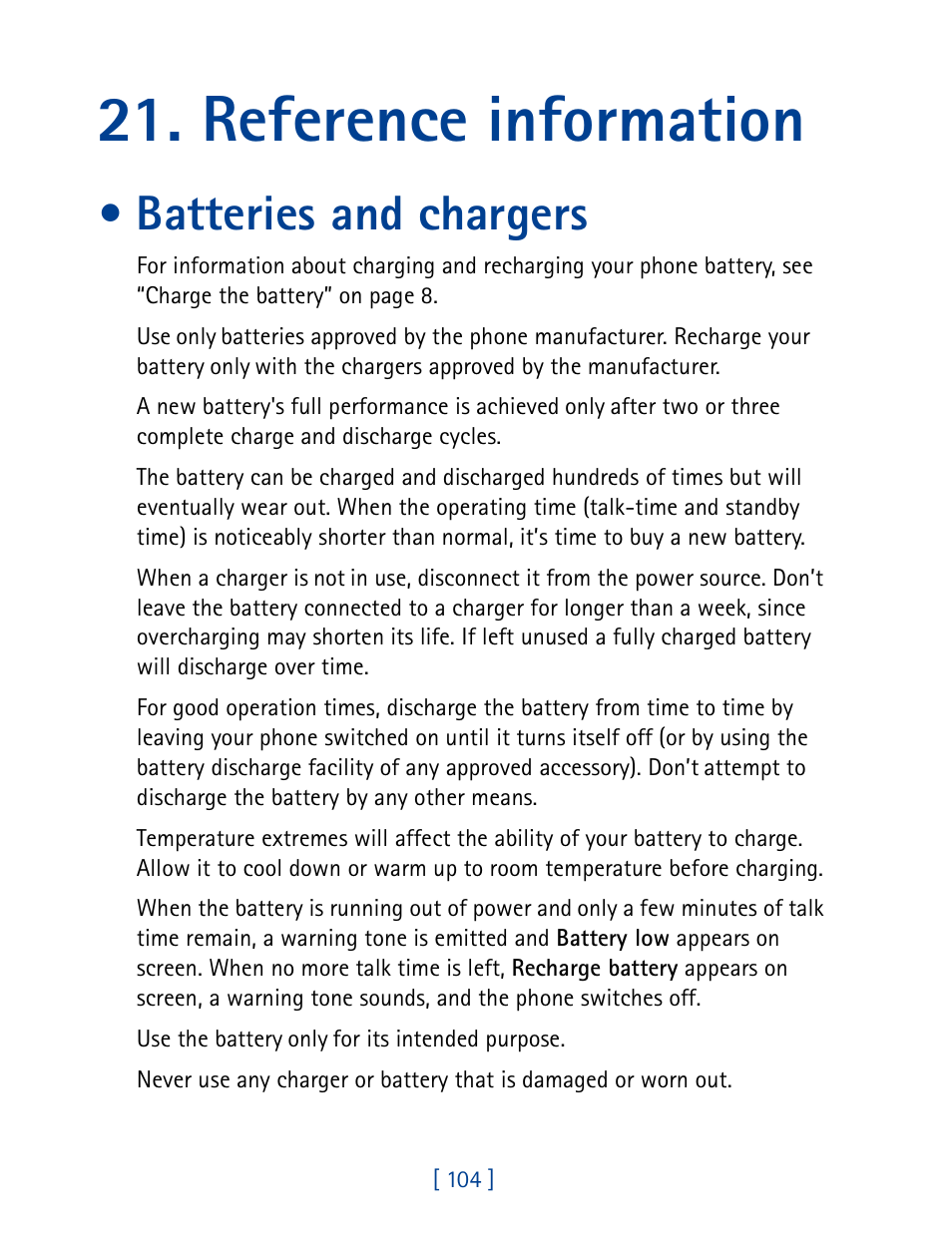 Reference information, Batteries and chargers | Nokia 7190 User Manual | Page 112 / 144