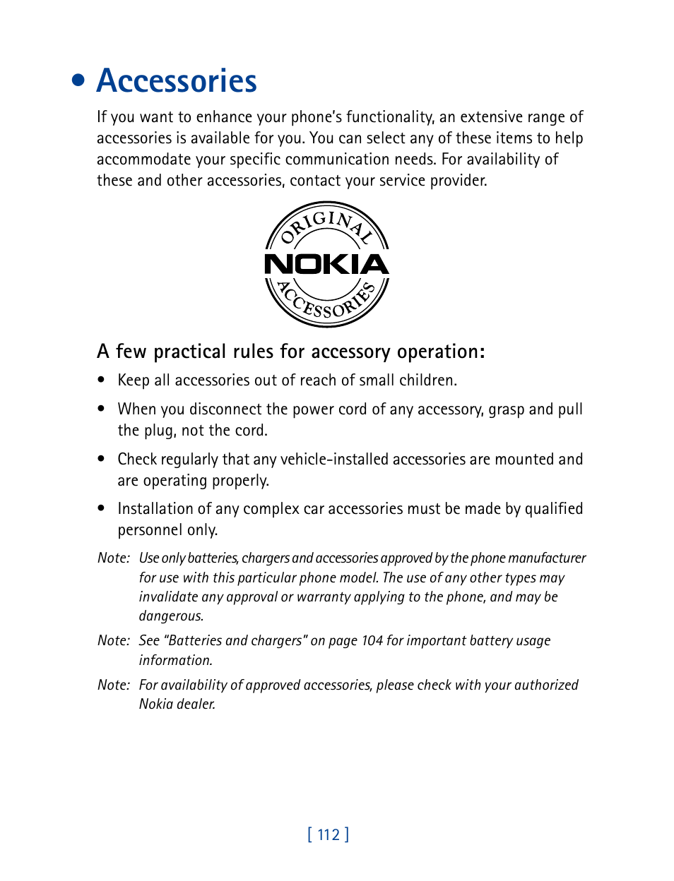 Accessories, A few practical rules for accessory operation | Nokia 7190 User Manual | Page 120 / 144