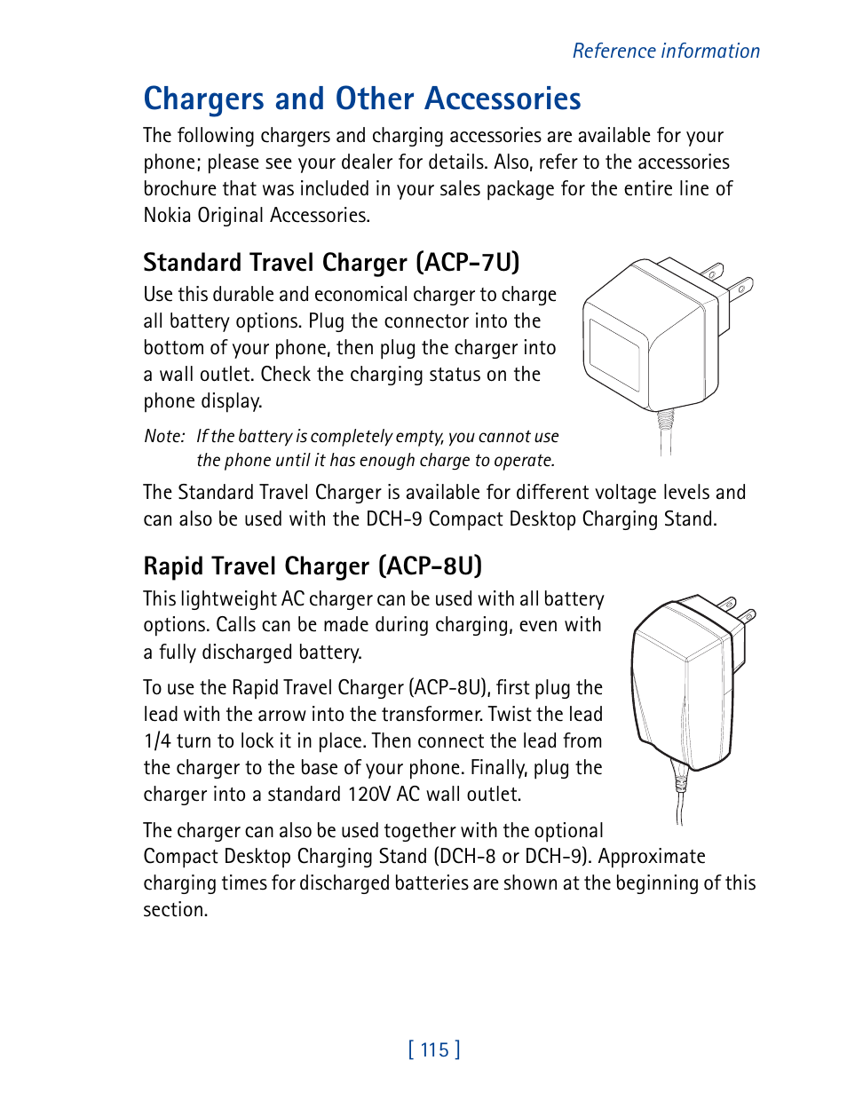 Chargers and other accessories, Standard travel charger (acp-7u), Rapid travel charger (acp-8u) | Nokia 7190 User Manual | Page 123 / 144