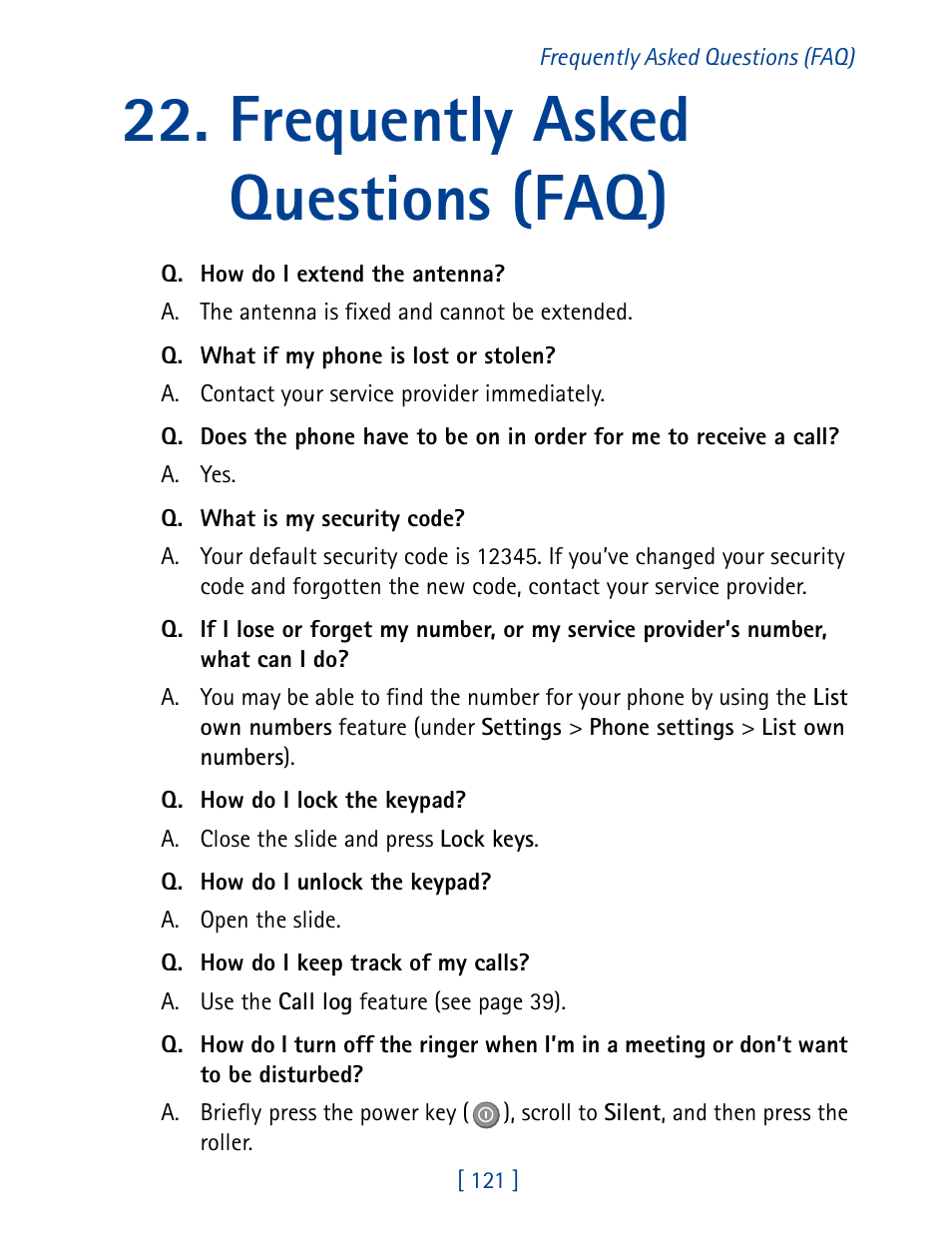 Frequently asked questions (faq) | Nokia 7190 User Manual | Page 129 / 144