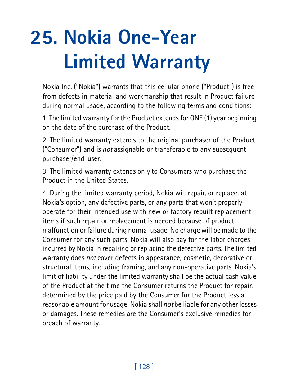 Nokia one-year limited warranty | Nokia 7190 User Manual | Page 136 / 144