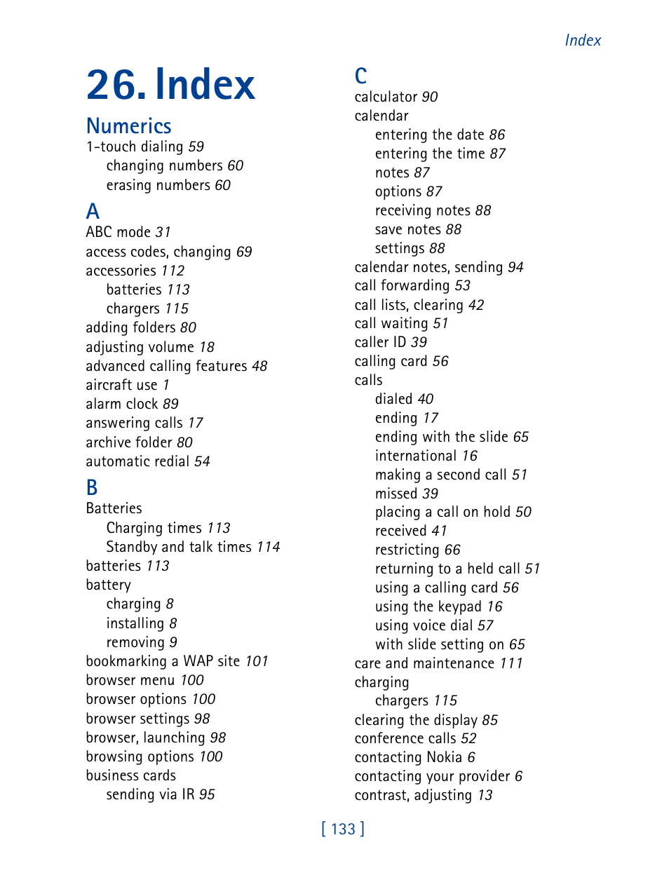 Index, Numerics | Nokia 7190 User Manual | Page 141 / 144