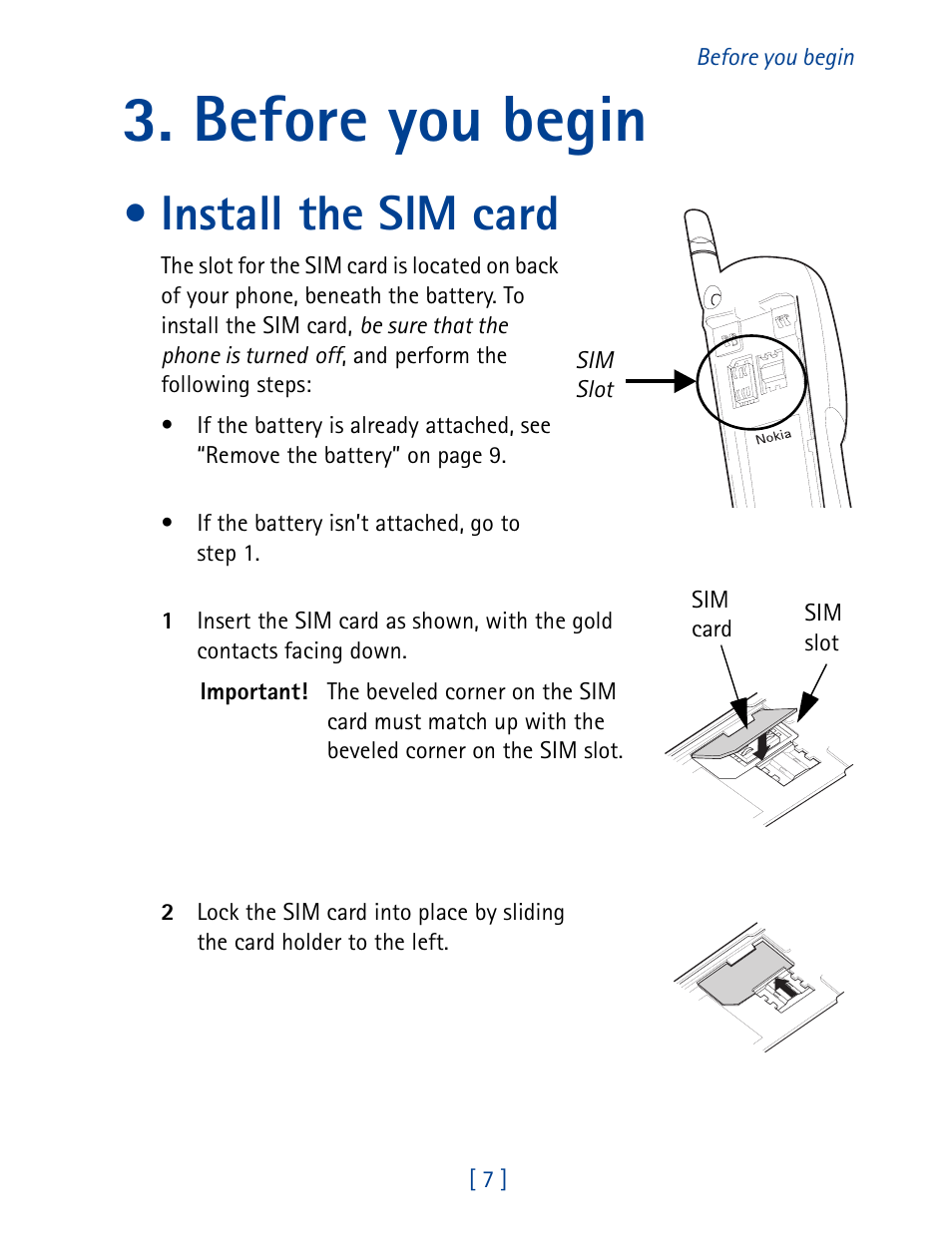 Before you begin, Install the sim card | Nokia 7190 User Manual | Page 15 / 144