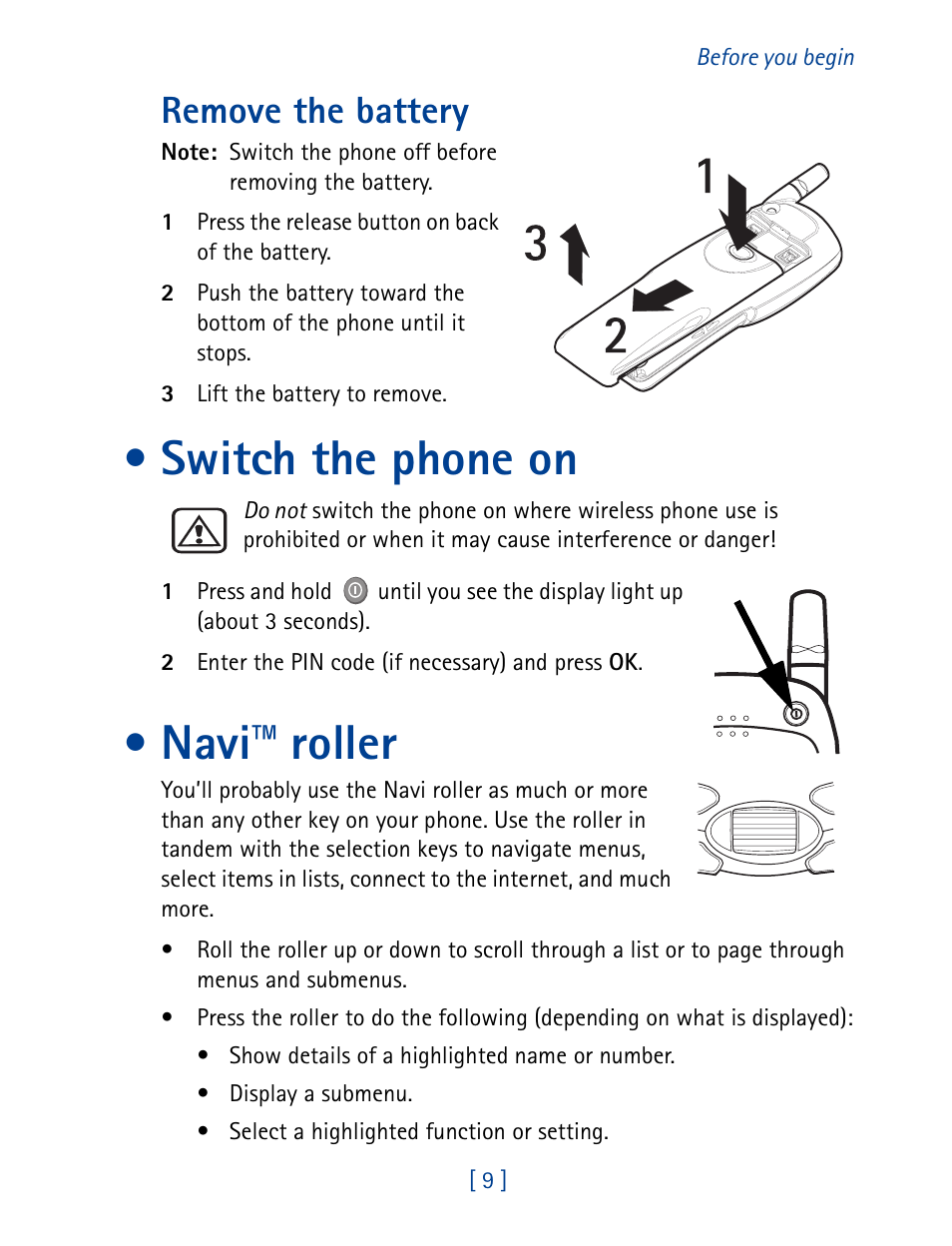 Switch the phone on, Navi™ roller, Switch the phone on navi™ roller | Navi, Roller, Remove the battery | Nokia 7190 User Manual | Page 17 / 144
