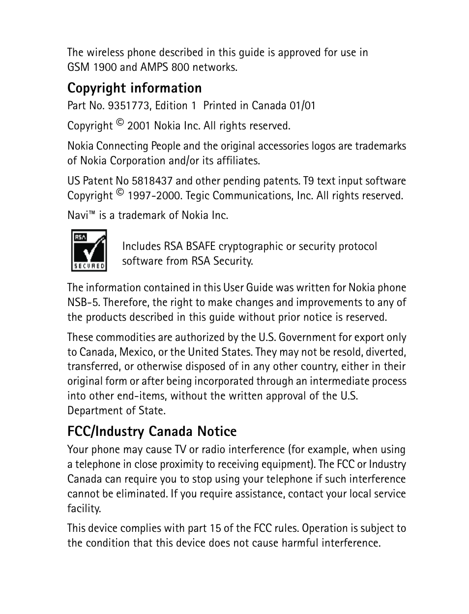 Copyright information, Fcc/industry canada notice | Nokia 7190 User Manual | Page 2 / 144