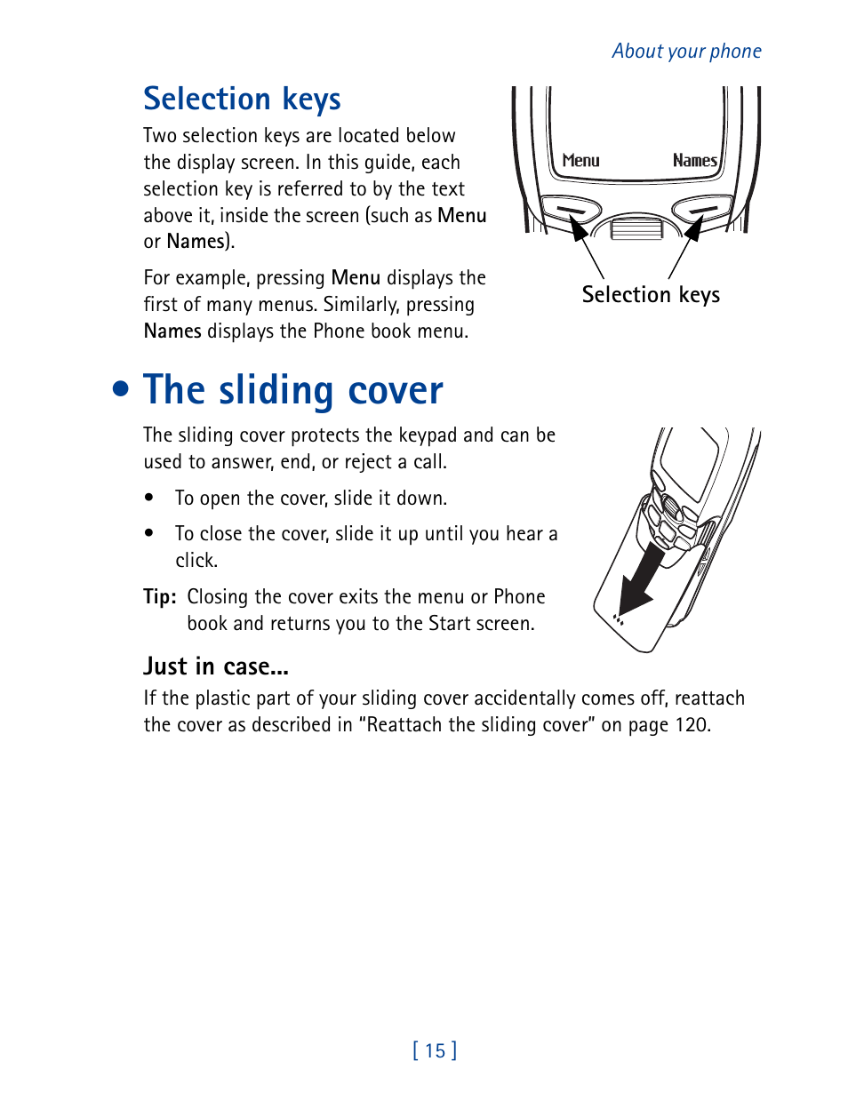 The sliding cover, List of own numbers, Selection keys | Nokia 7190 User Manual | Page 23 / 144