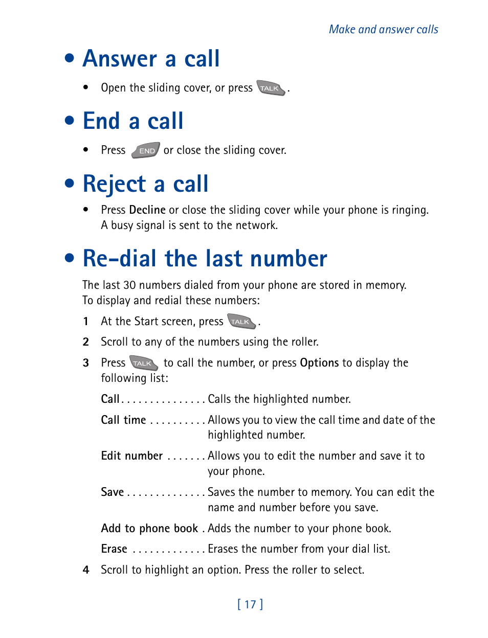 Answer a call, End a call, Reject a call | Re-dial the last number | Nokia 7190 User Manual | Page 25 / 144