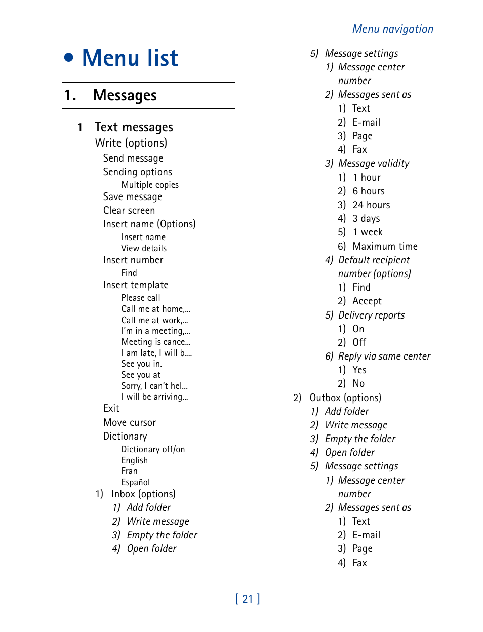 Menu list, Messages, Text messages | Nokia 7190 User Manual | Page 29 / 144